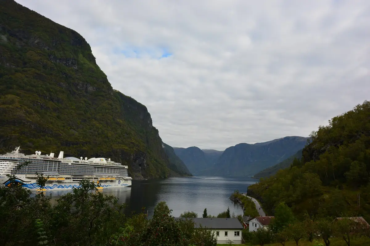 Der Aurlandsfjord bei Flåm mit einem Kreuzfahrtschiff